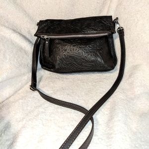 Chocolate Brown‎ Tooled Italian Leather Fold-over Crossbody Purse